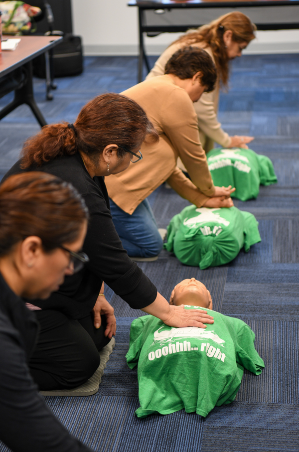 Child care providers performing CPR on dummies during CPR training.