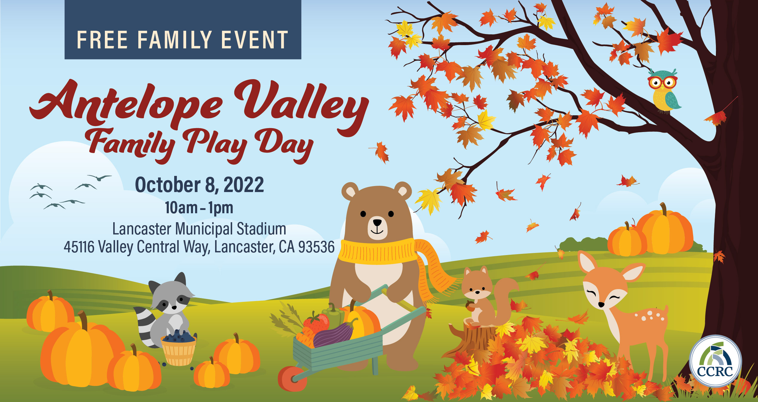 A promotional image for CCRC's Antelope Valley Family Play Day that took place October 2022 featuring fall colors, forest animals.